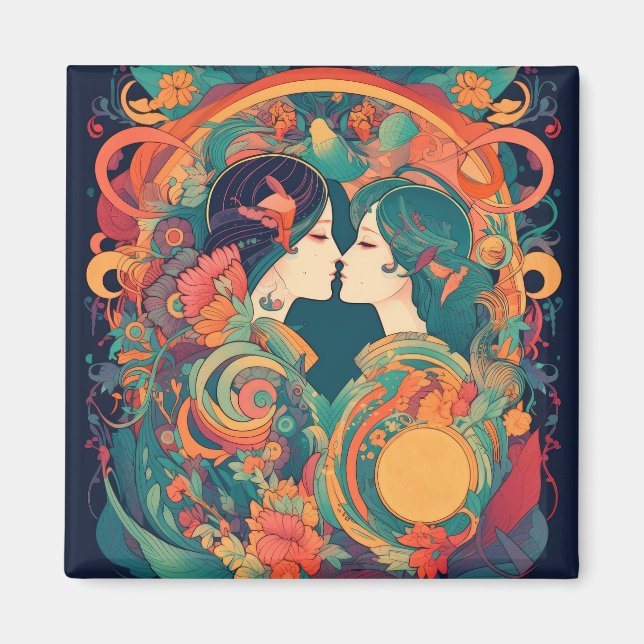 Imán Su amor, su camino | Beso Lésbico Estilo Art Déco (Frente)