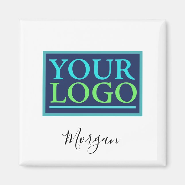 Imán Su logotipo/arte/foto, nombre guión negro, blanco (Frente)