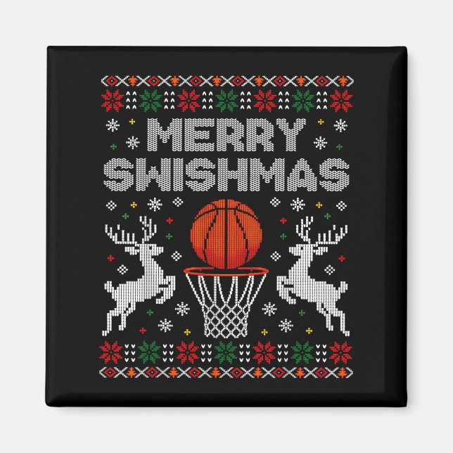 Imán Sudadera fea de Navidad de baloncesto Merry Swishm (Frente)
