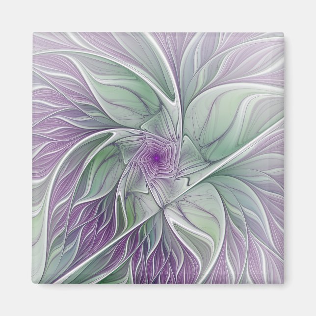 Imán Sueño de flores, abstracto arte fractal verde púrp (Frente)