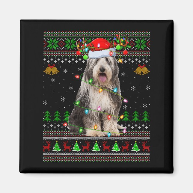 Imán Suéter feo de Navidad de perro Collie barbudo vaca (Frente)
