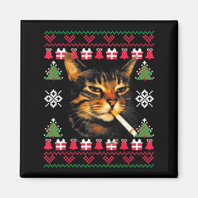 Imán Suéter feo de Navidad divertido para gato fumando  (Frente)