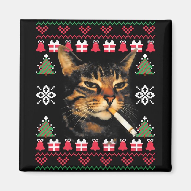 Imán Suéter feo de Navidad divertido para gatos fumando (Frente)