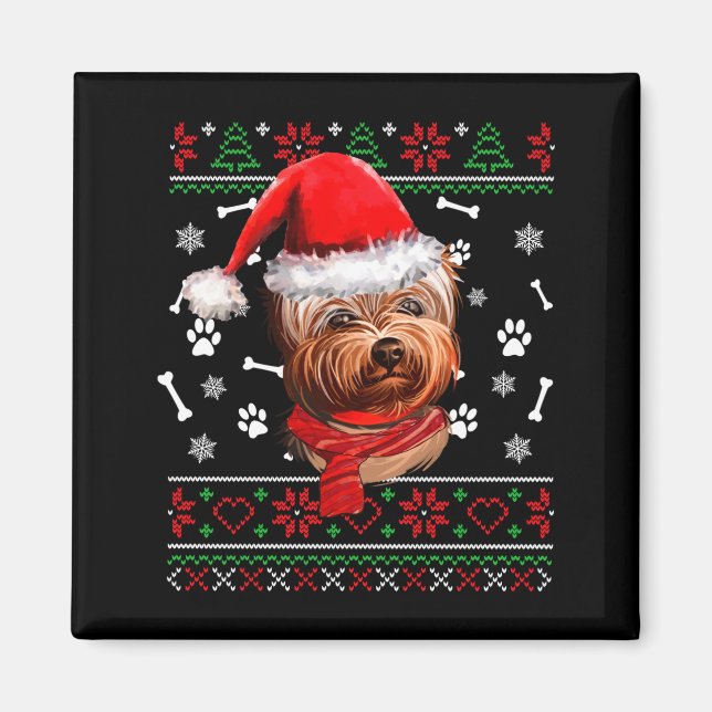 Imán Suéter Feo Navidad Yorkie Perro Gorro Santa Pijama (Frente)