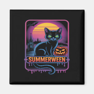Imán Summerween Black Cat Pumpkin Retro Halloween Art