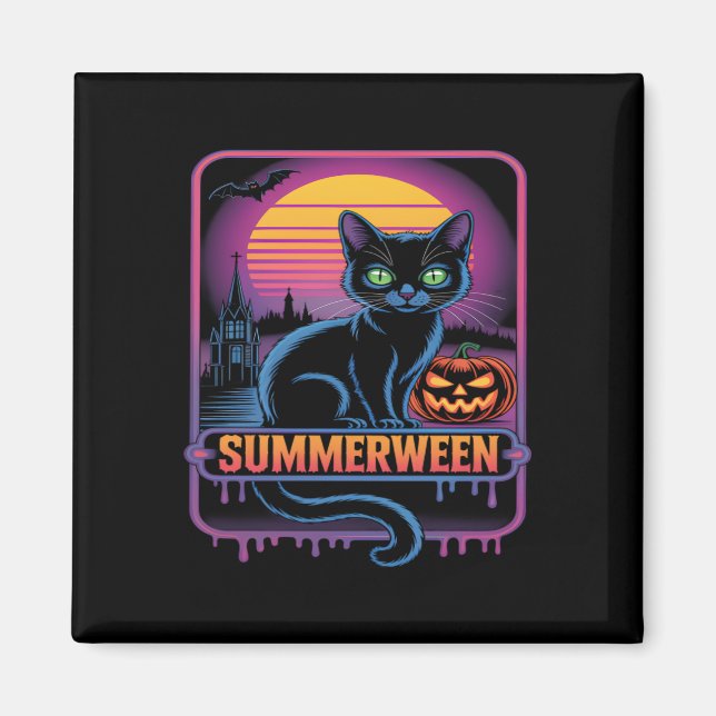 Imán Summerween Black Cat Pumpkin Retro Halloween Art (Frente)