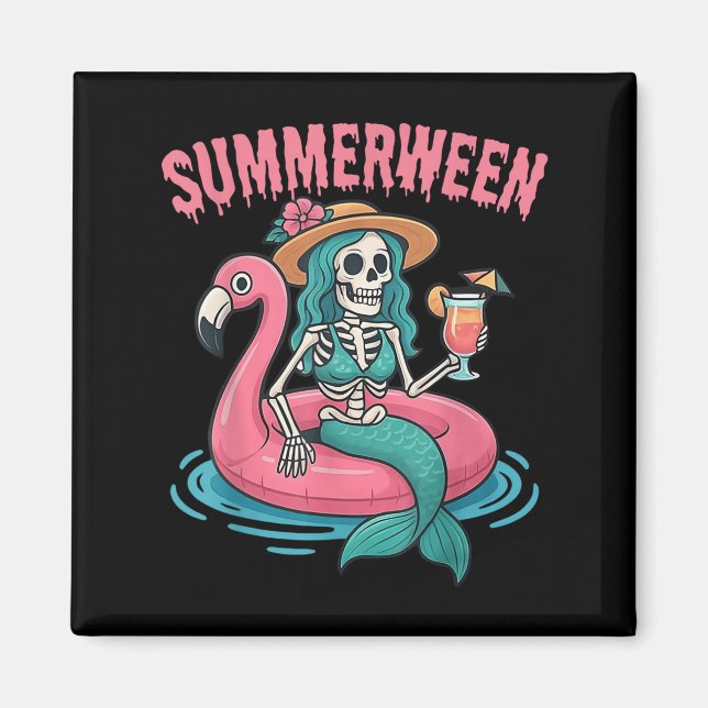 Imán Summerween Mermaid Skeleton Beach Flamingo Hallowe (Frente)