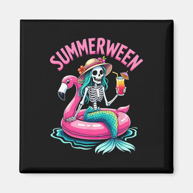 Imán Summerween Mermaid Skeleton Beach Flamingo Hallowe (Frente)