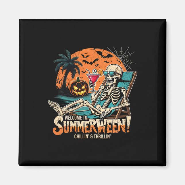 Imán Summerween Skeleton Beach Halloween Arte Tropical (Frente)