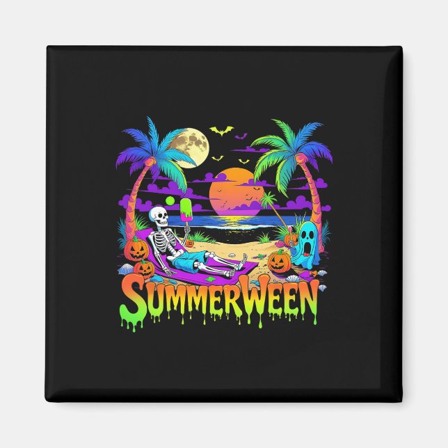 Imán Summerween Skeleton Ghost Beach Funny Spooky Hallo (Frente)