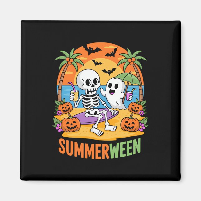 Imán Summerween Skeleton Ghost Beach Halloween Party Fu (Frente)