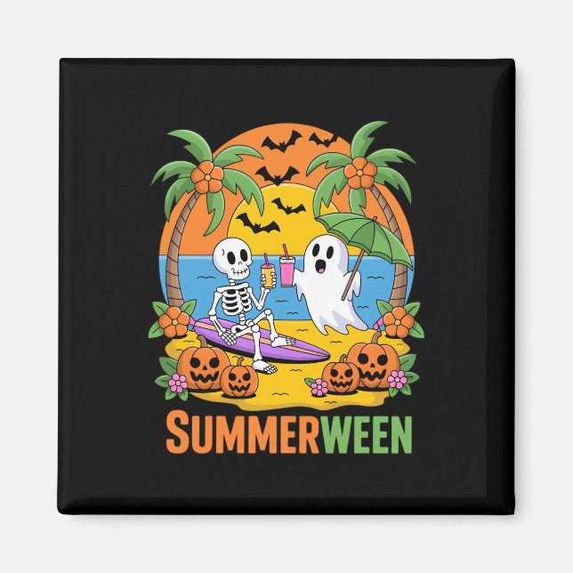 Imán Summerween Skeleton Ghost Beach Halloween Party Fu (Frente)