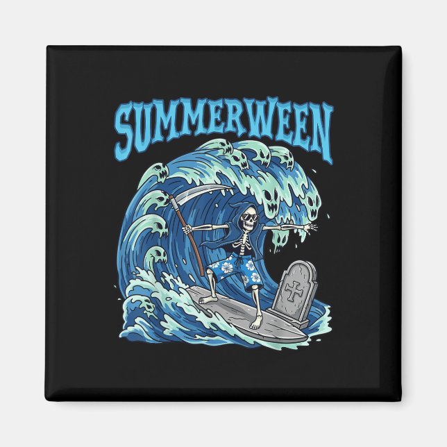 Imán Summerween Skeleton Surf Grim Reaper Beach Spooky (Frente)