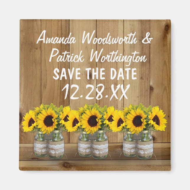 Imán Sunflower Mason Jar Burlap y Lace Save the Date (Frente)