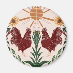 Imán Sunny Folk Art Rooster - Simetría radiante