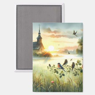 Imán Sunrise Church with Birds in Misty Meadow No Verse