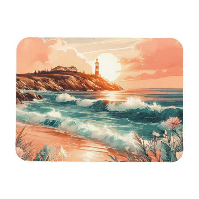 Imán Sunset Lighthouse Ocean Beach Boho Floral (Horizontal)