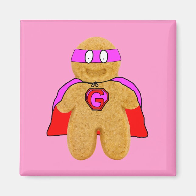 imán súper héroe de pan de jengibre rojo y rosa (Frente)