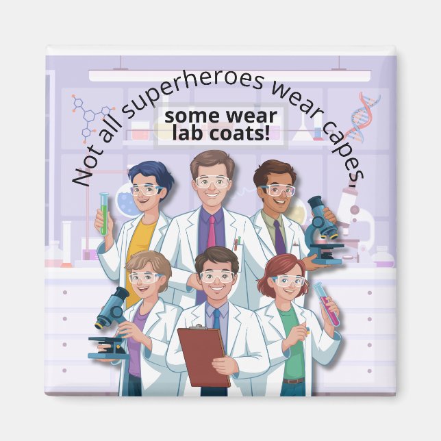Imán Superhéroes Divertidos de la Ciencia con Bata de L (Frente)