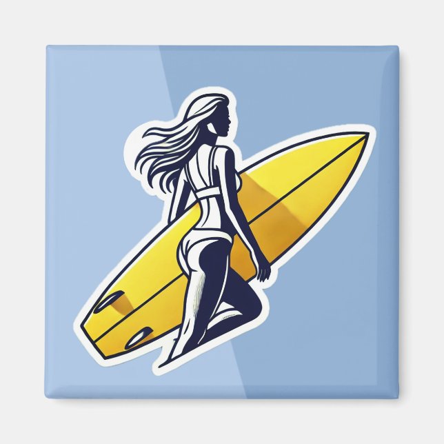 Imán Surfer chica con Surfboard Amarillo (Frente)