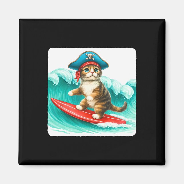 Imán Surfing Cat With Pirate Hat On Surfboard. Waves Pl (Frente)