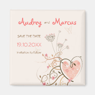 Imán Sweet Pink Heart And Butterfly Swirls Save Date