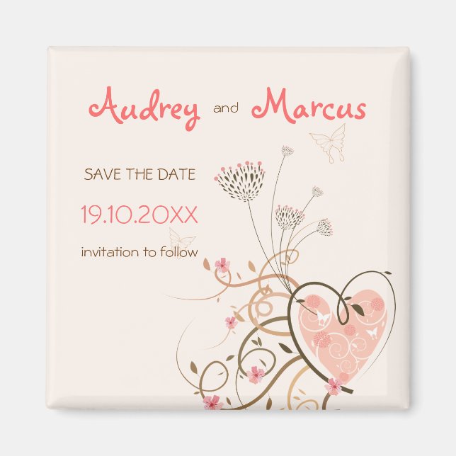 Imán Sweet Pink Heart And Butterfly Swirls Save Date (Frente)