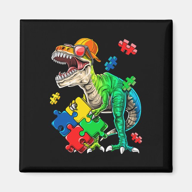 Imán T Rex Dinosaur Autism Awareness Puzzle Piece Gift (Frente)