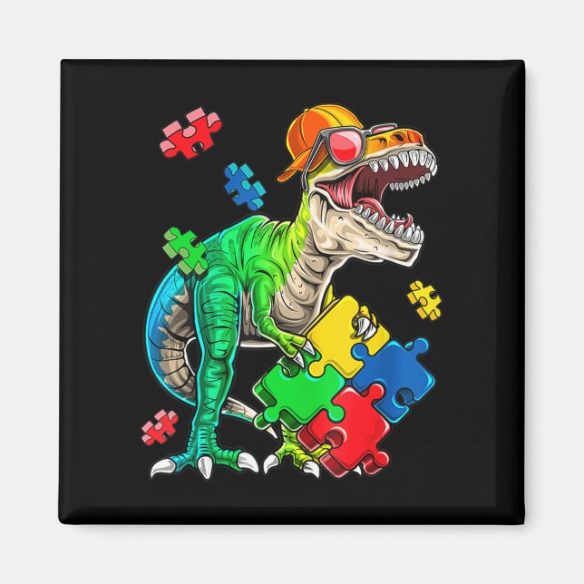 Imán T Rex Dinosaurios Autism Awareness Puzzle Piece Re (Frente)