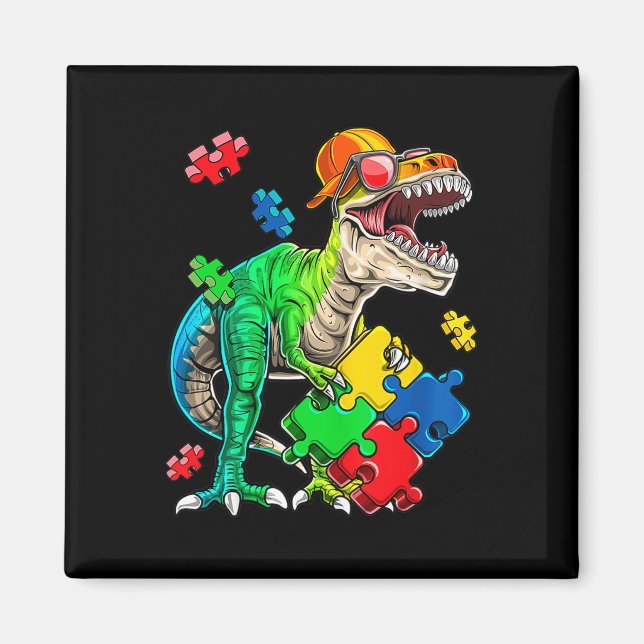 Imán T Rex Dinosaurios Autism Awareness Puzzle Piece Re (Frente)