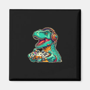 Imán T-rex jugando con auriculares divertido gráfico de