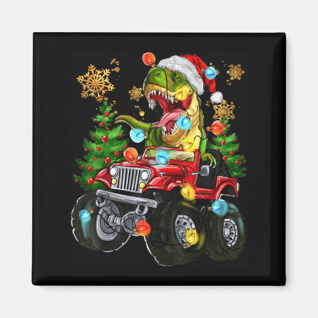 Imán T-rex Santa In Monster Truck With Christmas Trees  (Frente)