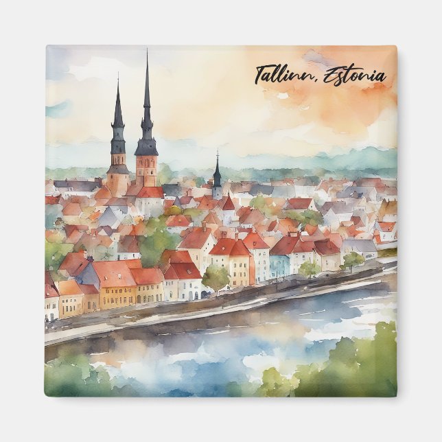 Imán Tallinn Estonia Watercolor Painting City View (Frente)