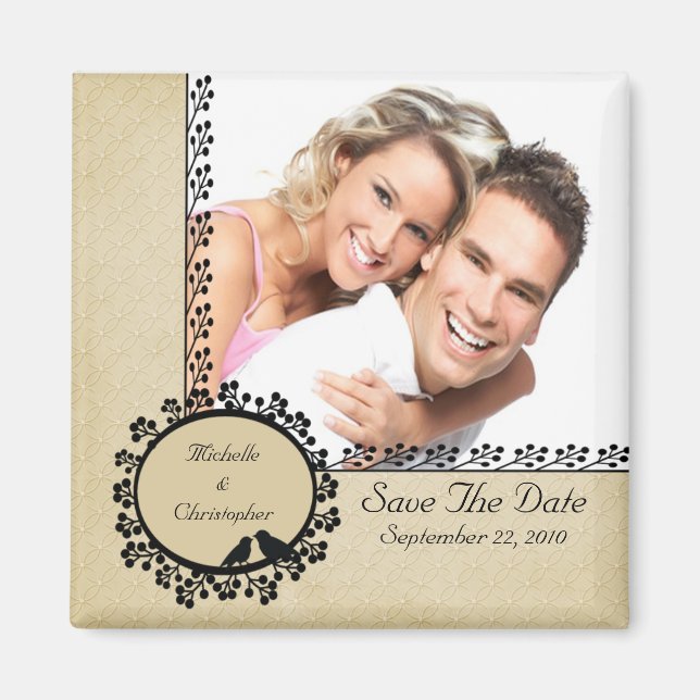 Imán Tan Damask Love Birds Photo Save the Date Magnet (Frente)