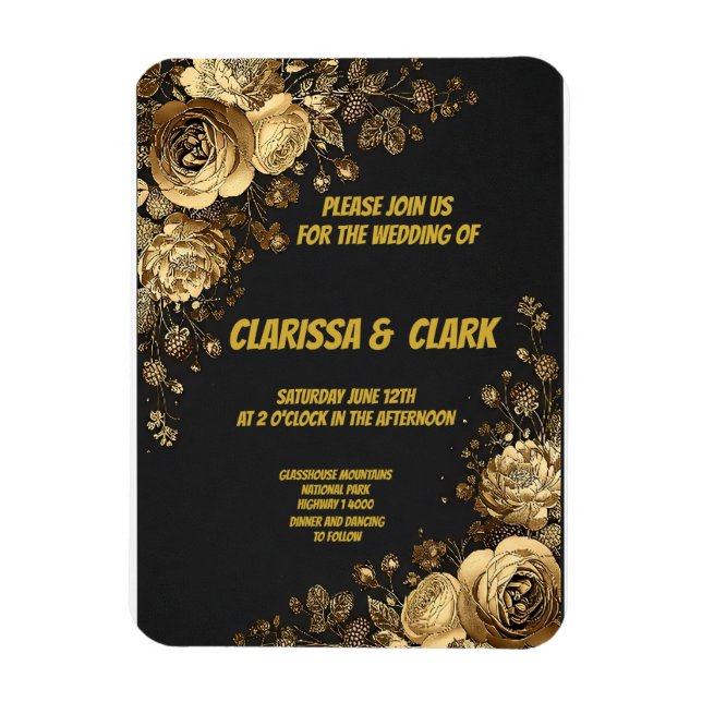 Imán Tarjeta de boda decorada con flores doradas sobre  (Vertical)