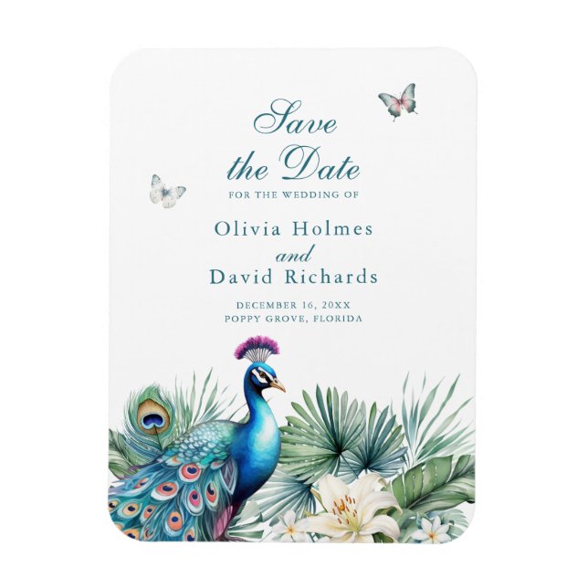 Imán Tarjeta de compromiso de boda de pavo real tropica (Vertical)