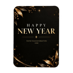 Imán Tarjeta de Feliz Año Nuevo elegante en negro y dor