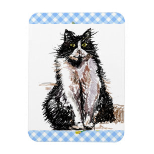Imán Tarjeta de gato mate de Tuxedo Dibujo negro y blan