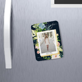 Imán tarjeta de graduación de foto floral azul de color