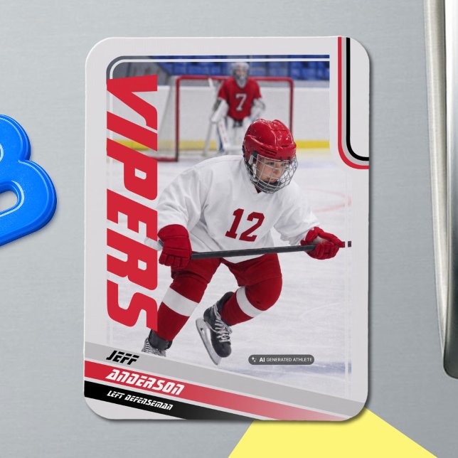 Imán Tarjeta de hockey sobre hielo (Ice Hockey Trading Card Magnet: Stylish red design on grey with black stripes. Perfect for kids!)
