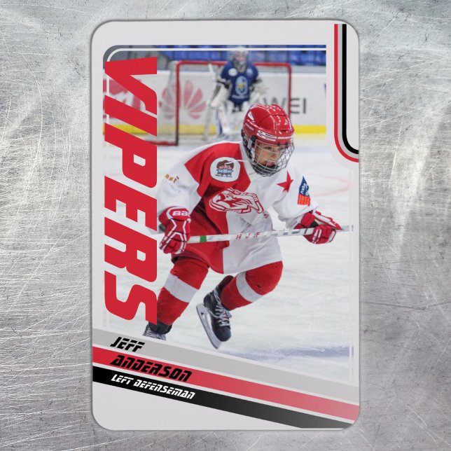 Imán Tarjeta de hockey sobre hielo (Ice Hockey Trading Card Magnet: Stylish red design on grey with black stripes. Perfect for kids!)