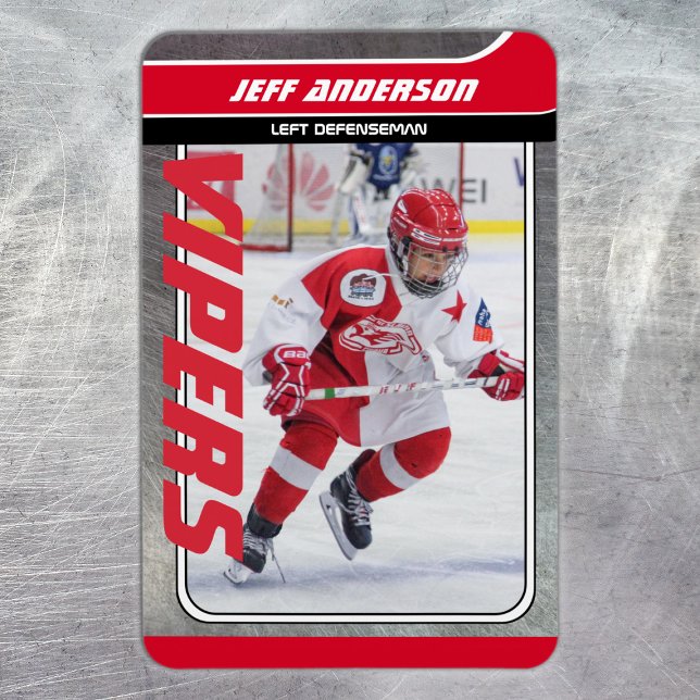Imán Tarjeta de hockey sobre hielo Metalizado rojo con  (Ice Hockey Trading Card Magnet: Futuristic design, dynamic action. Perfect for young fans!)