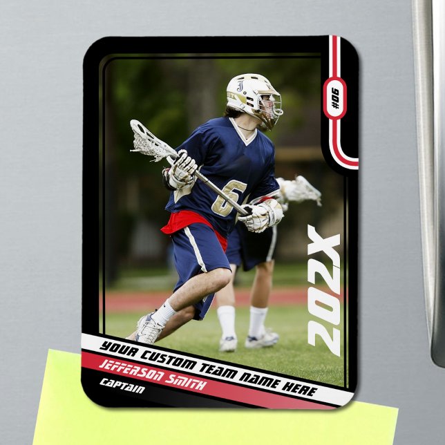 Imán Tarjeta de intercambio del jugador de Lacrosse en  (Lacrosse Player Magnet in Black with Custom Team Name and Red White Elements)