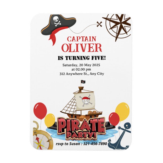 Imán Tarjeta de invitación de cumpleaños de barco pirat (Vertical)