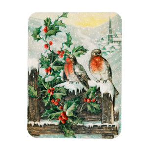 Imán Tarjeta de Navidad antigua con petirrojos, acebo, 