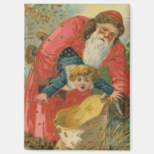 Imán Tarjeta de Navidad antigua, Papá Noel, Niño Travie
