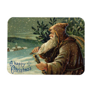 Imán Tarjeta de Navidad antigua, Santa Claus y árbol