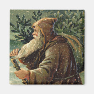 Imán Tarjeta de Navidad antigua, Santa Claus y árbol