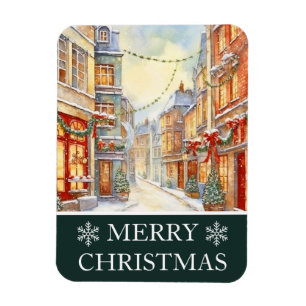 Imán Tarjeta de Navidad con escena callejera invernal e