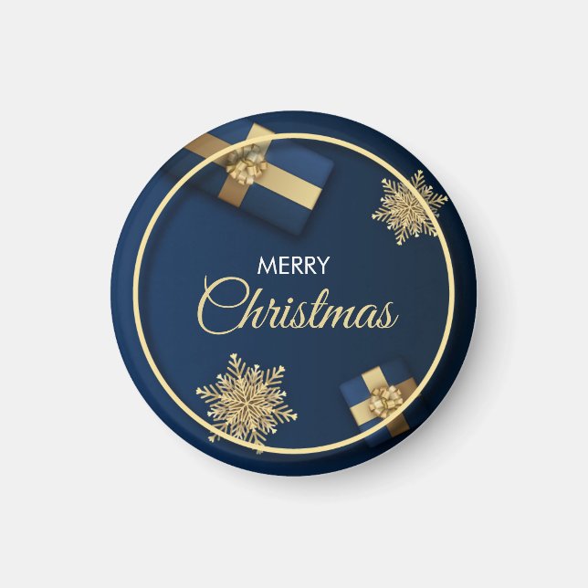 Imán Tarjeta de Navidades Golden Snowflakes, Feliz Navi (Frente)